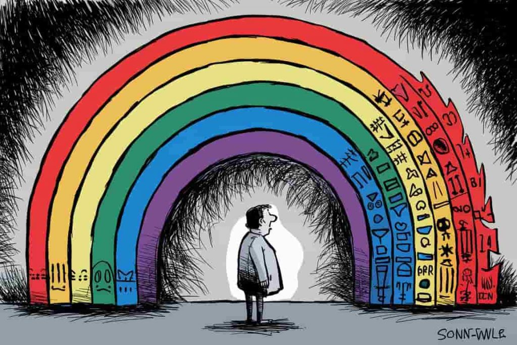 Cartoon of person decoding symbolic messages from rainbow colors