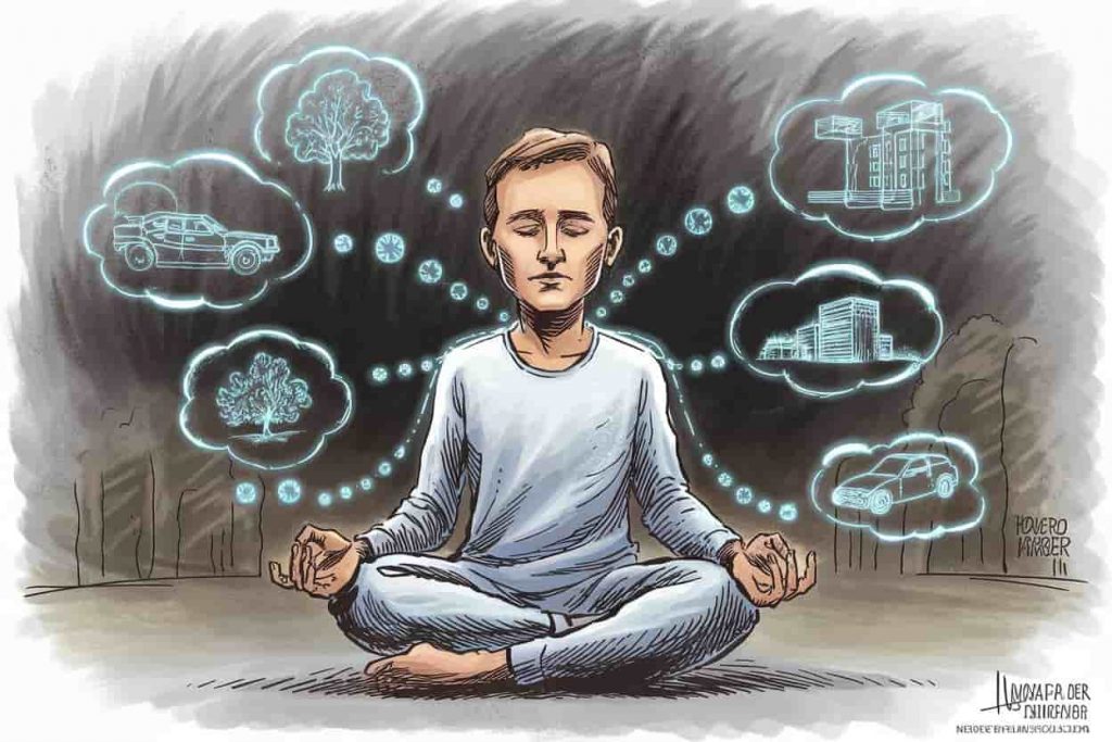 Person meditating surrounded by glowing outlines of objects, connected by energy lines, representing spiritual interpretation of lost items.