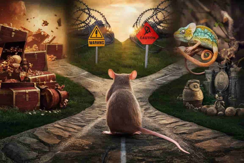 Rat at a crossroads with paths leading to symbols of abundance, warnings, adaptability, cleansing, and ancestry