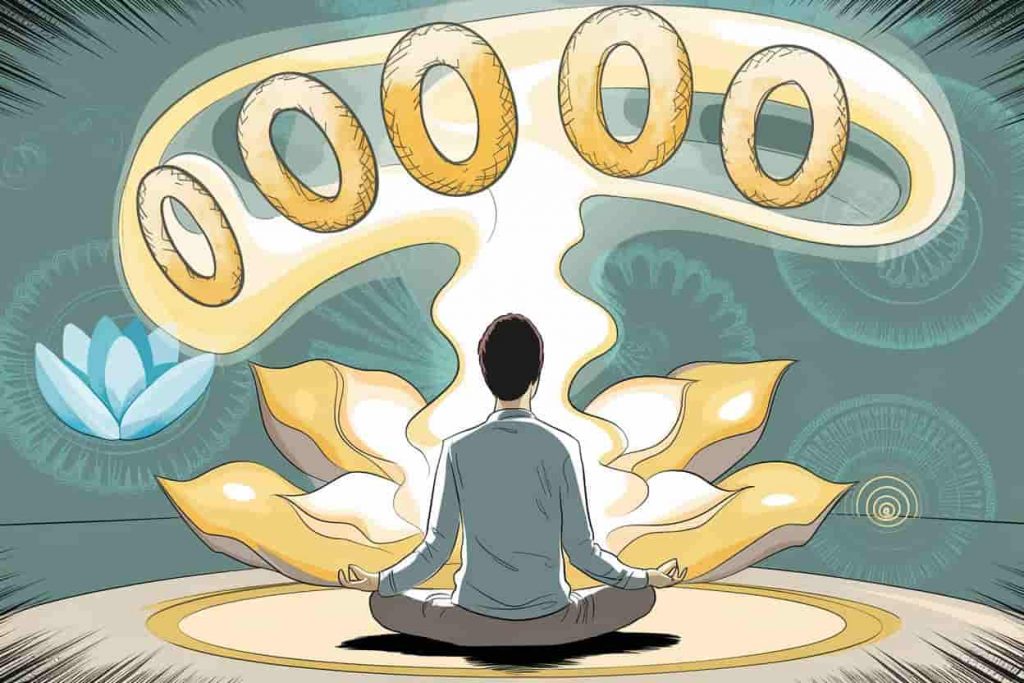 Person meditating surrounded by golden aura with ethereal 00000 floating above, symbolizing spiritual awakening and divine connection.
