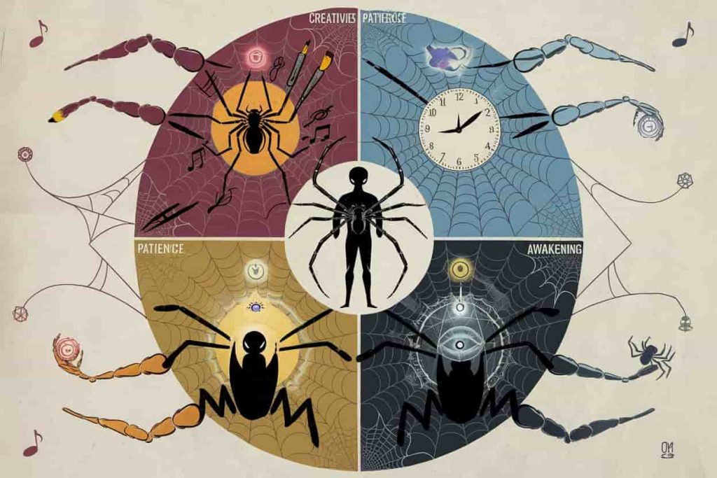 Collage of five different spider encounter scenarios, each surrounded by colorful auras representing various spiritual interpretations.