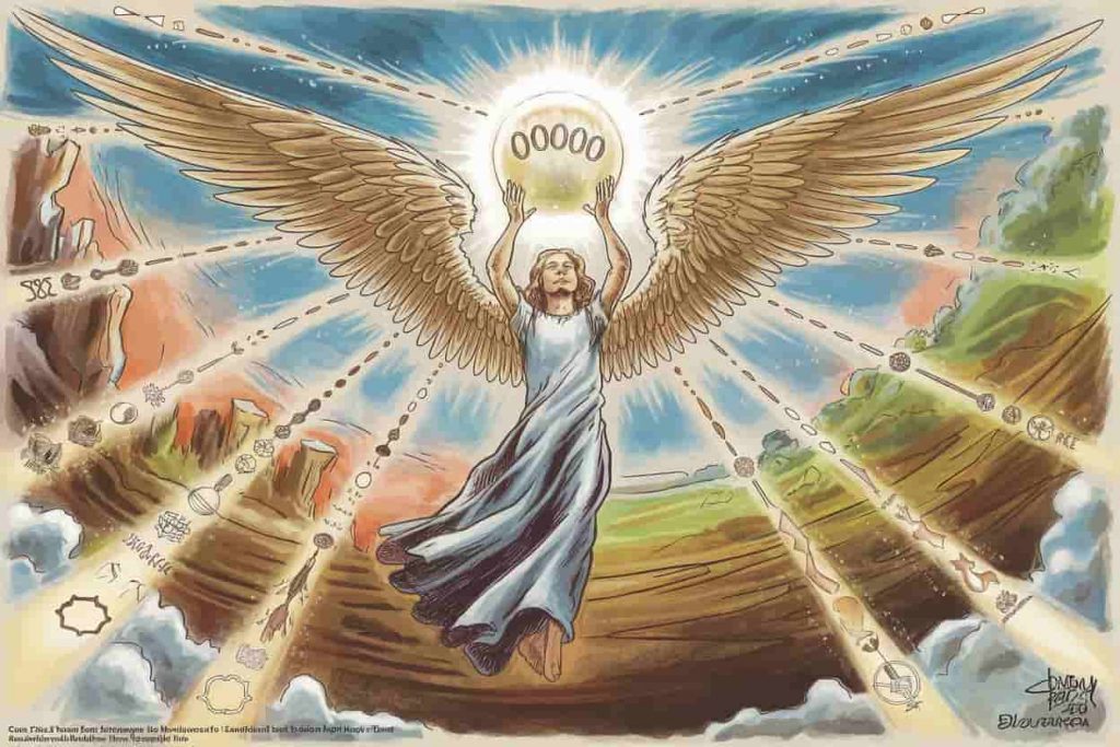 Angelic figure holding glowing orb with 00000, light streams carrying symbolic messages, blended earthly and celestial background.