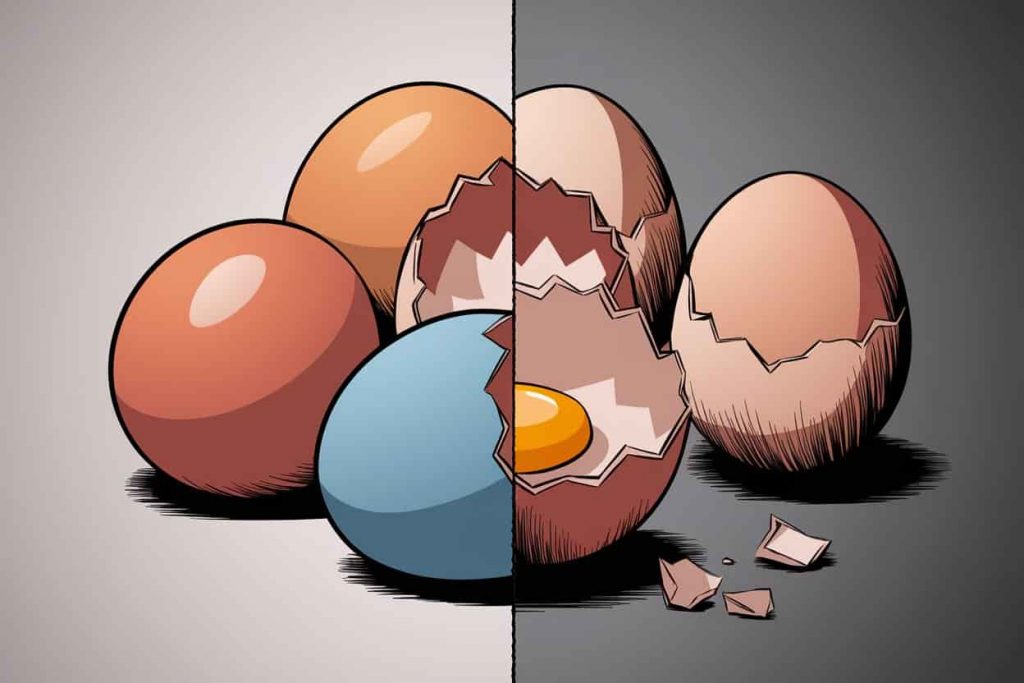 Split image contrasting whole, fresh eggs with cracked and spoiled eggs, symbolizing different dream interpretations.