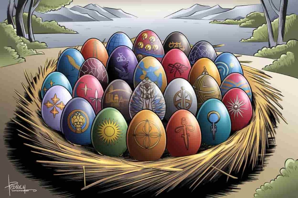 Circular arrangement of culturally diverse decorated eggs in a golden nest, representing universal egg symbolism.