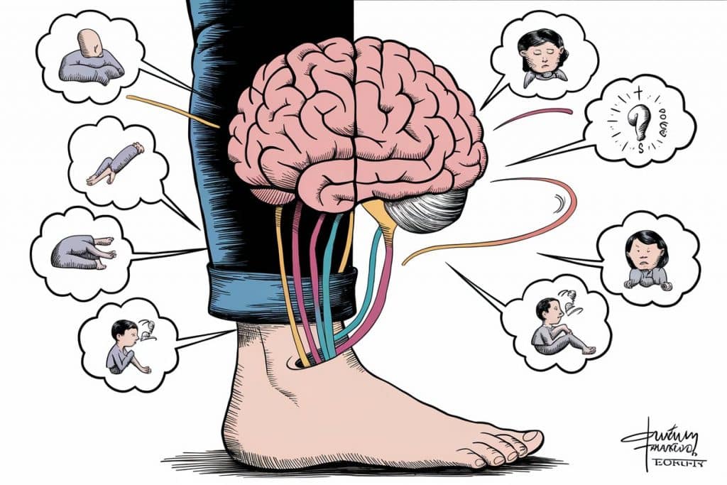 Split image of left ankle and brain connected by emotional threads, surrounded by stress and memory symbols