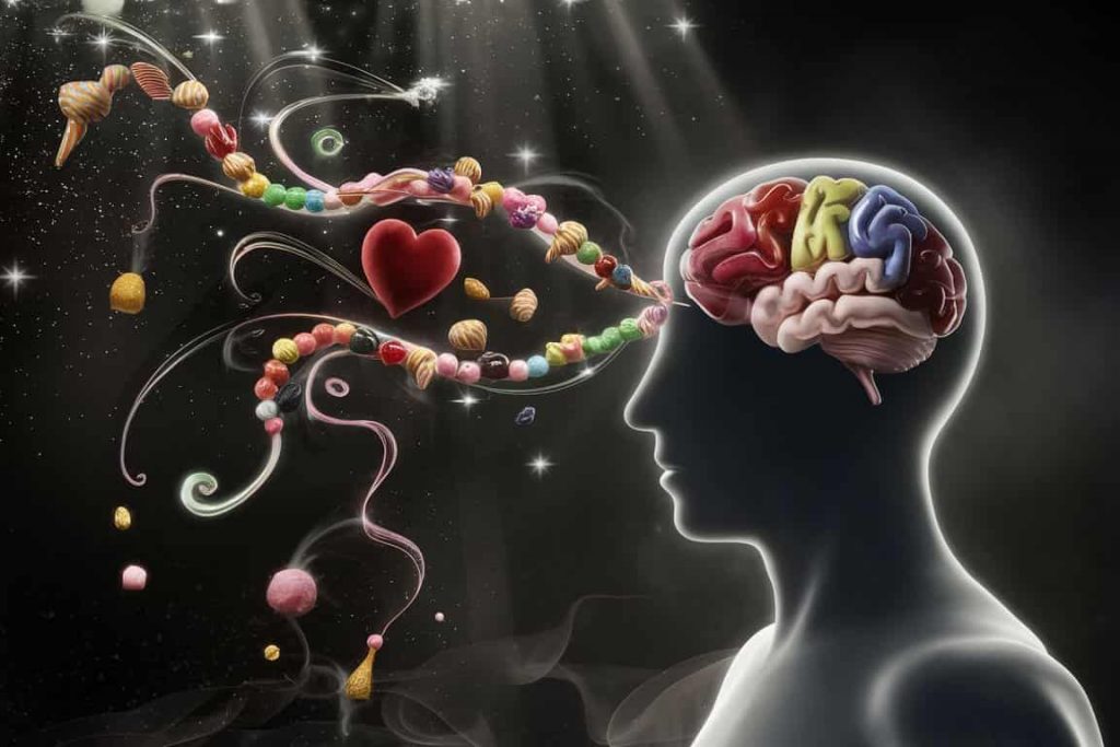 Human silhouette with heart and brain connected by streams of sweets, showing emotional and psychological links