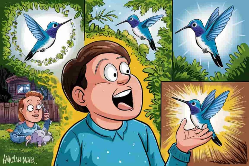 A cartoon depicting the significance of encountering blue hummingbirds in different life contexts and their potential messages.
