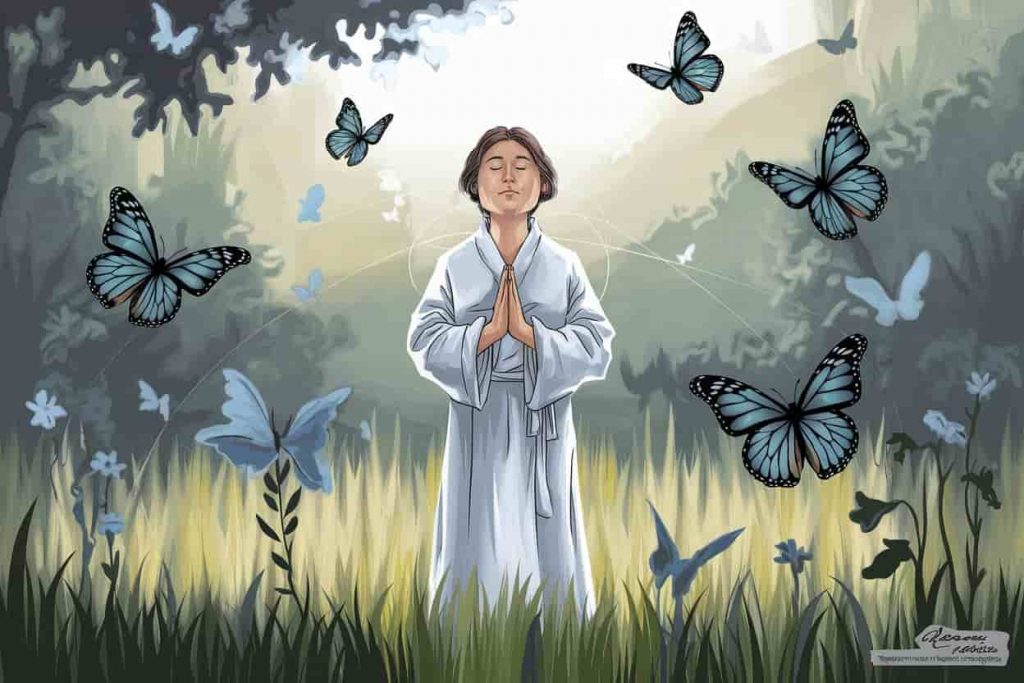 Person in a meadow surrounded by flying blue monarch butterflies, depicting a spiritual encounter.