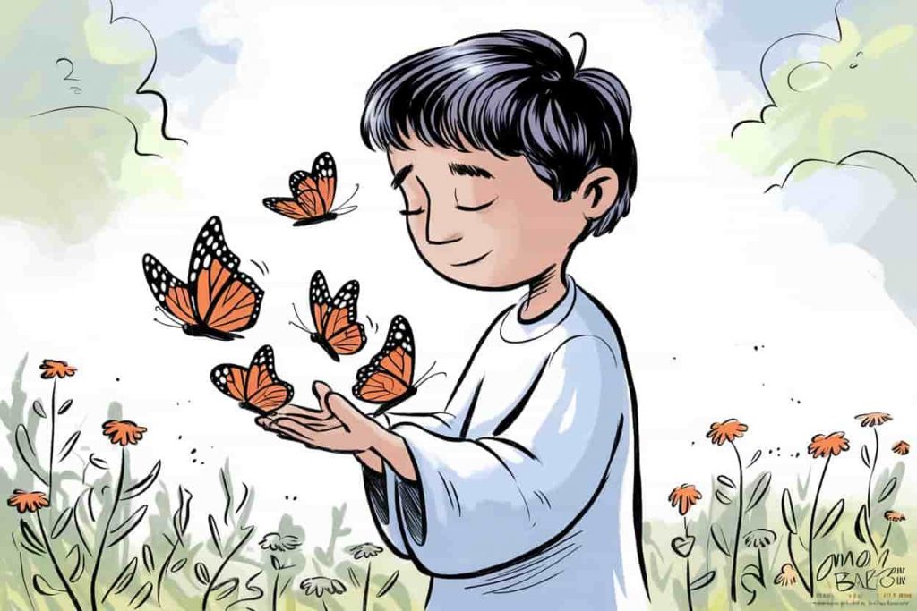 Person in wildflower field with monarch butterflies landing on outstretched hands, bathed in ethereal light