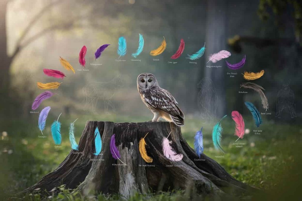 An enchanting forest scene illustrating the spiritual meanings of different feather colors through a magical arrangement of glowing feathers, symbols, and spirit animals.