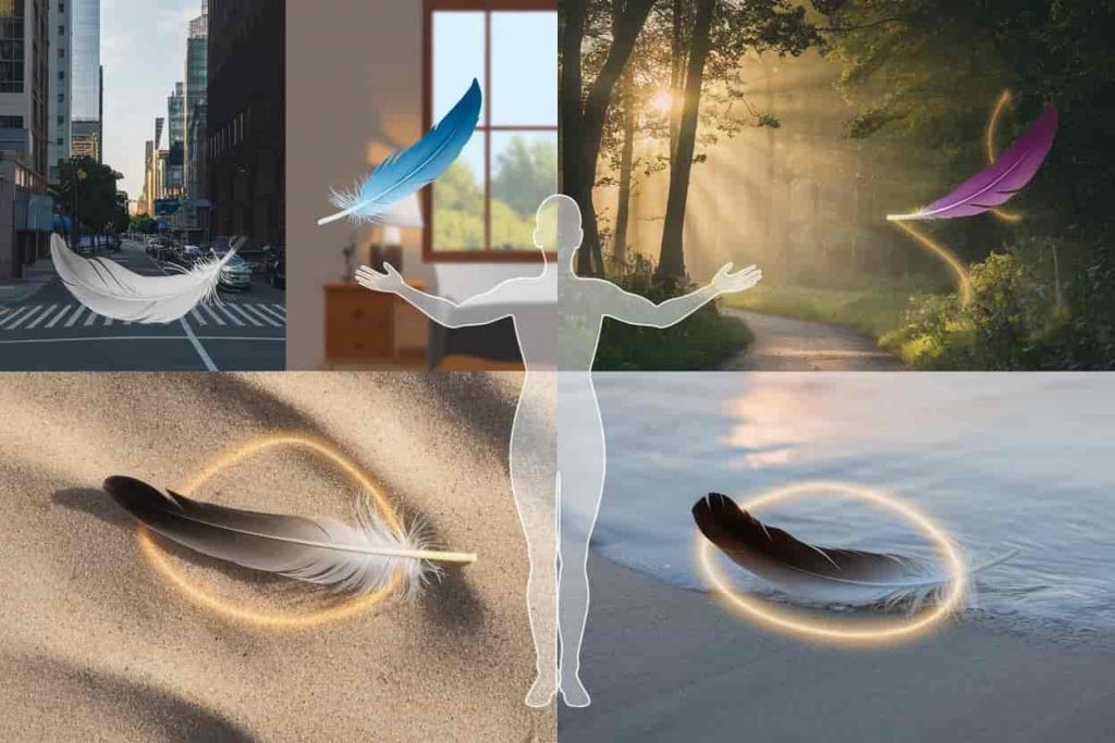 A composite image showing four different feather encounters: urban sidewalk, home interior, forest path, and beach, with a central transparent figure representing the observer interpreting these spiritual signs.