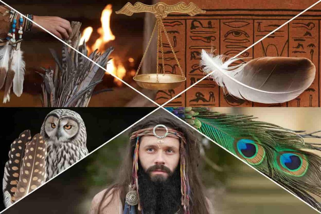 A four-part image depicting feathers in Native American, Ancient Egyptian, Celtic, and Hindu spiritual traditions and ceremonies.