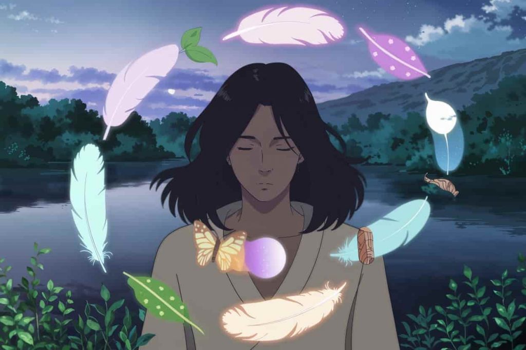 A person standing within a spiral of glowing feathers, surrounded by symbols of spiritual growth like a sprouting plant and emerging butterfly.