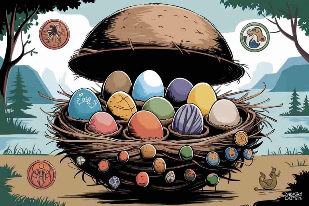 Nest with diverse eggs hatching into symbols of creativity and growth, surrounded by cultural fertility symbols.