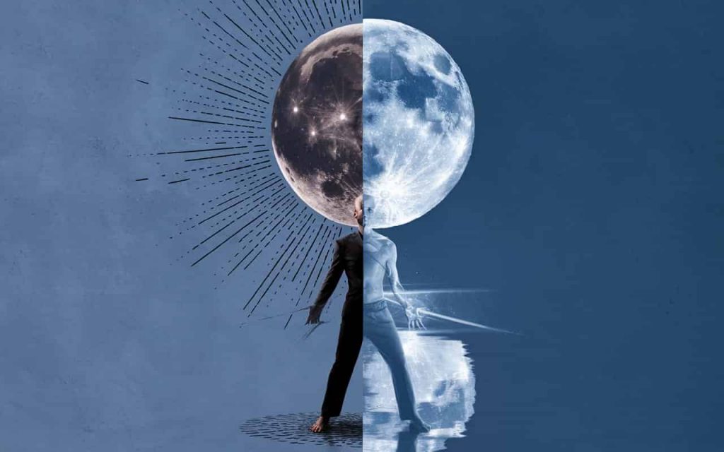 Split image of a person showing confidence and reflection under a First Quarter Moon, representing energy and balance