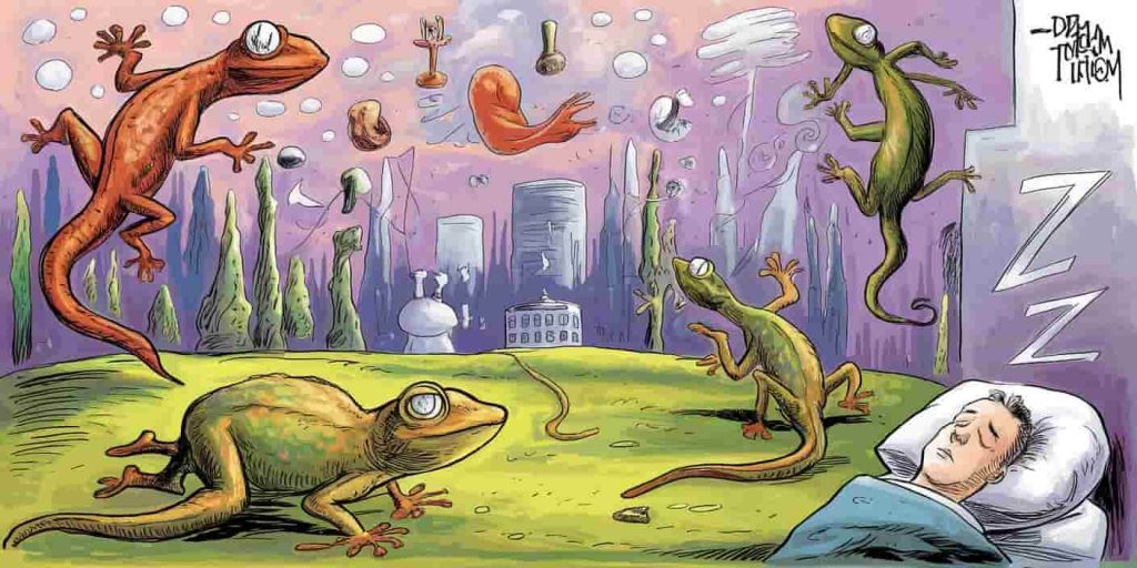 Surreal landscape with oversized geckos in various poses, dream symbols in the background, and a sleeping person, illustrating gecko dream symbolism.