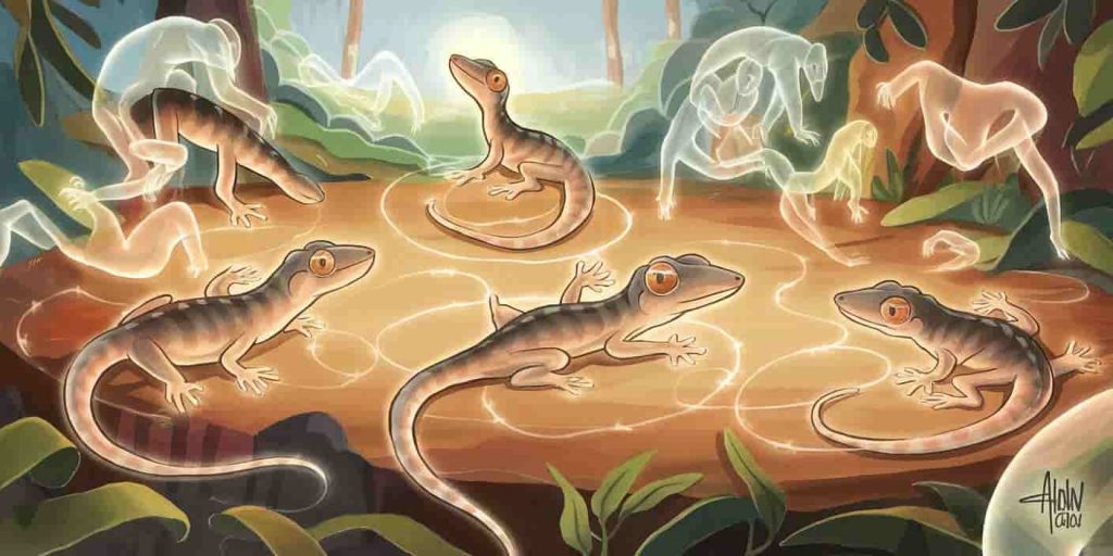 Multiple glowing geckos in a natural setting, surrounded by ethereal spirit forms, representing their role as spirit animals and totems.