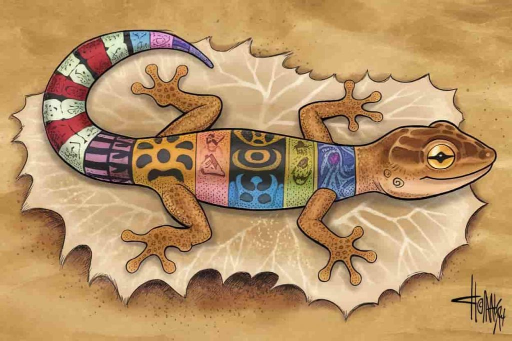 A gecko shedding its skin, with the old skin transforming into various spiritual symbols, showcasing the gecko's connection to transformation and renewal.