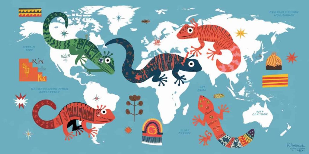 World map showing geckos styled in different cultural artistic traditions, surrounded by symbols representing diverse cultural interpretations of gecko symbolism.
