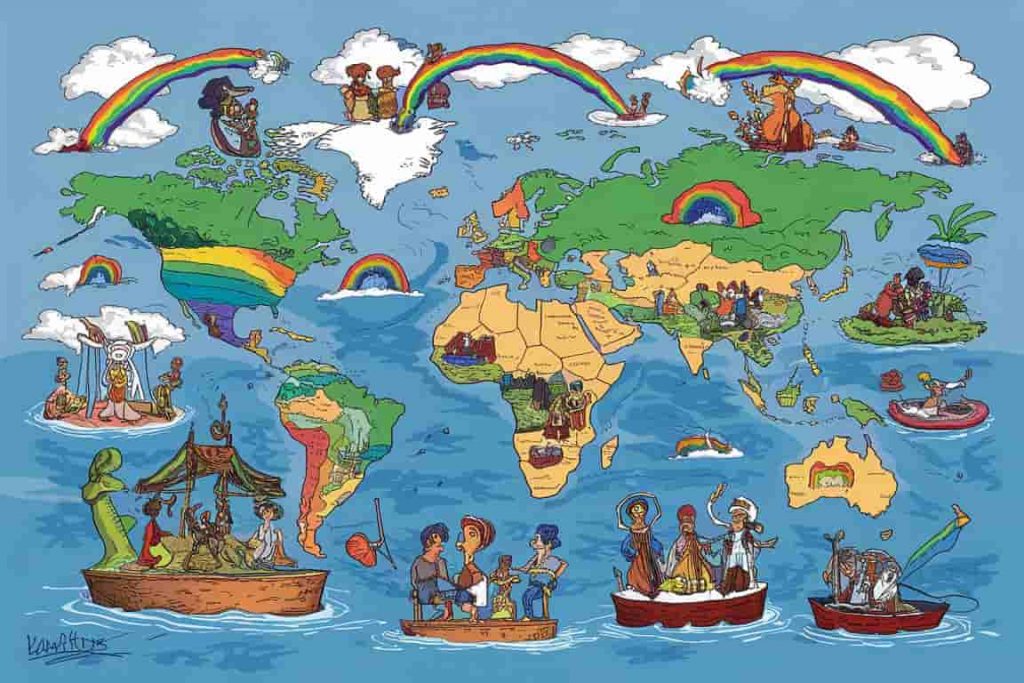 World map cartoon showing diverse cultural interpretations of rainbows