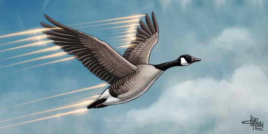 Single goose in flight with ethereal energy lines, representing its role as a spirit animal