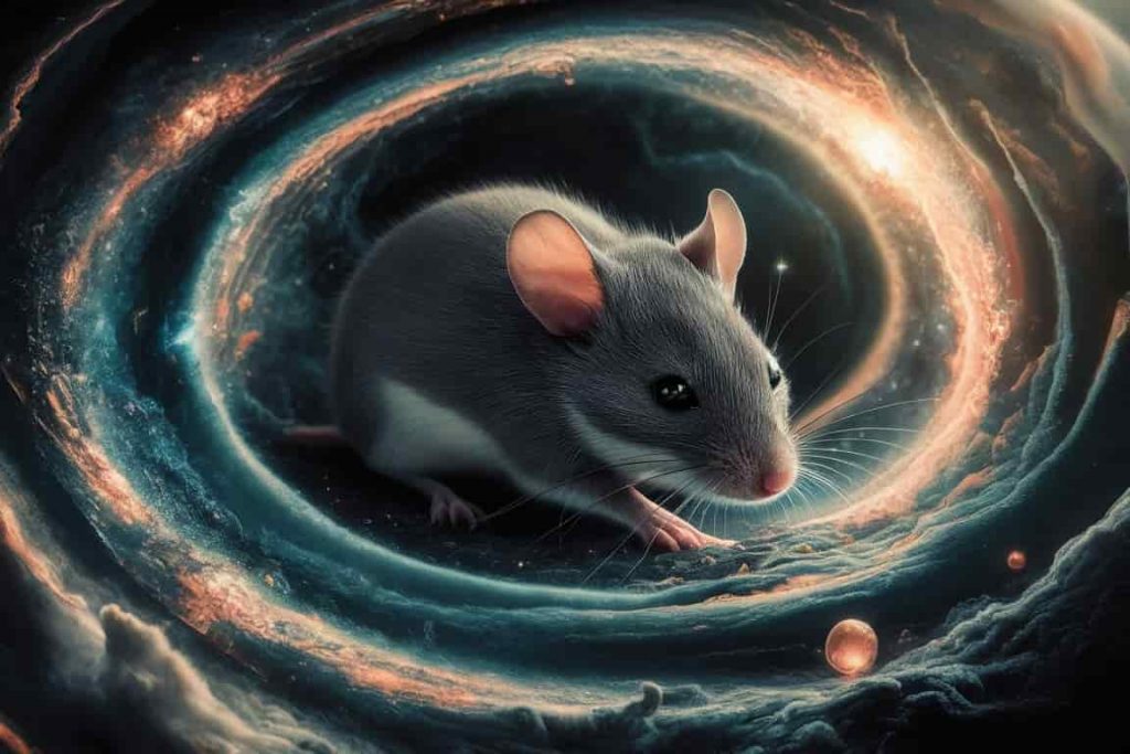 Grey mouse emerging from a cosmic vortex symbolizing dreams and intuition