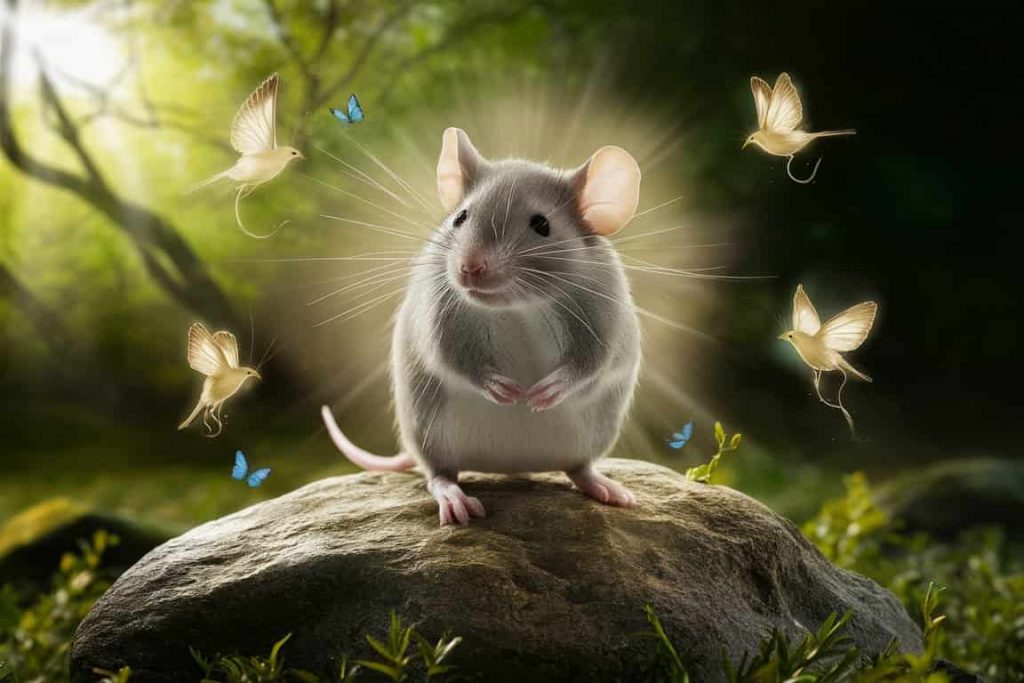 Glowing grey mouse on a rock surrounded by spirit animals