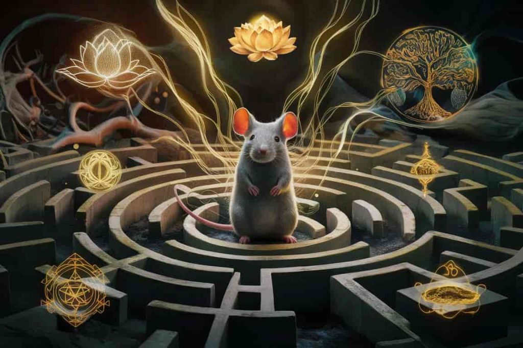 Grey mouse at the center of a maze radiating spiritual wisdom symbols