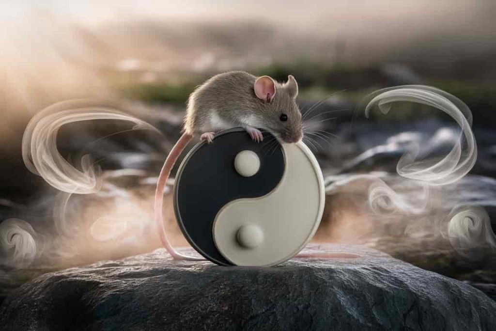 Grey mouse balanced on a yin-yang symbol surrounded by misty swirls