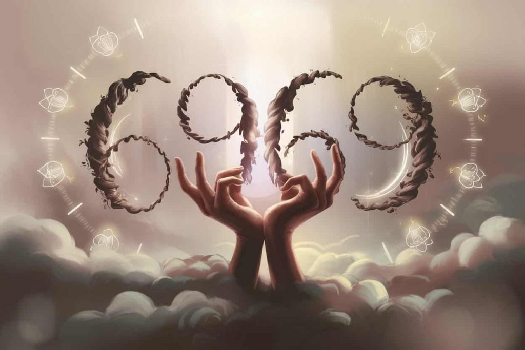 Celestial hands forming the number 6969, surrounded by glowing symbols of divine messages