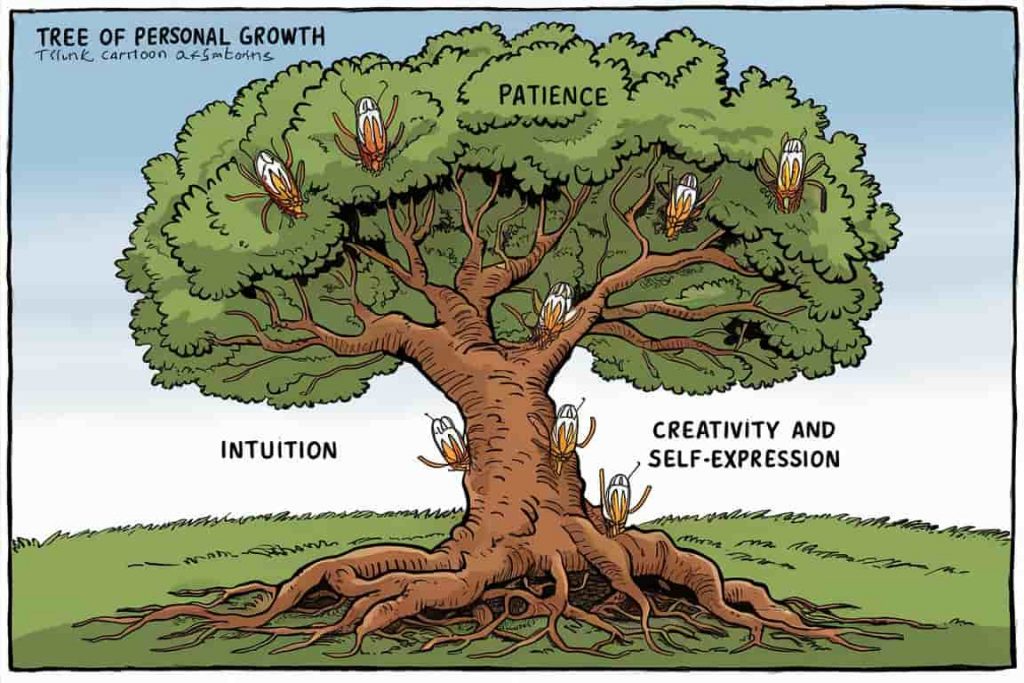 Tree of personal growth with cricket-inspired elements and climbing cricket silhouettes