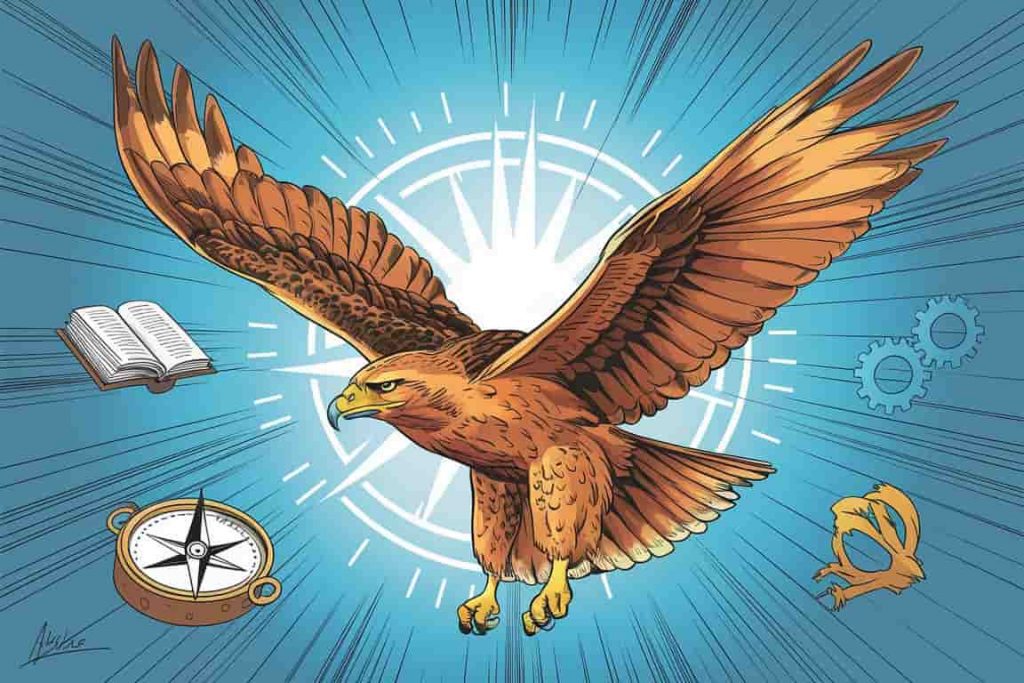 Illustration of a hawk soaring with symbols of leadership, intuition, and adaptability, representing the qualities of those guided by the hawk spirit.