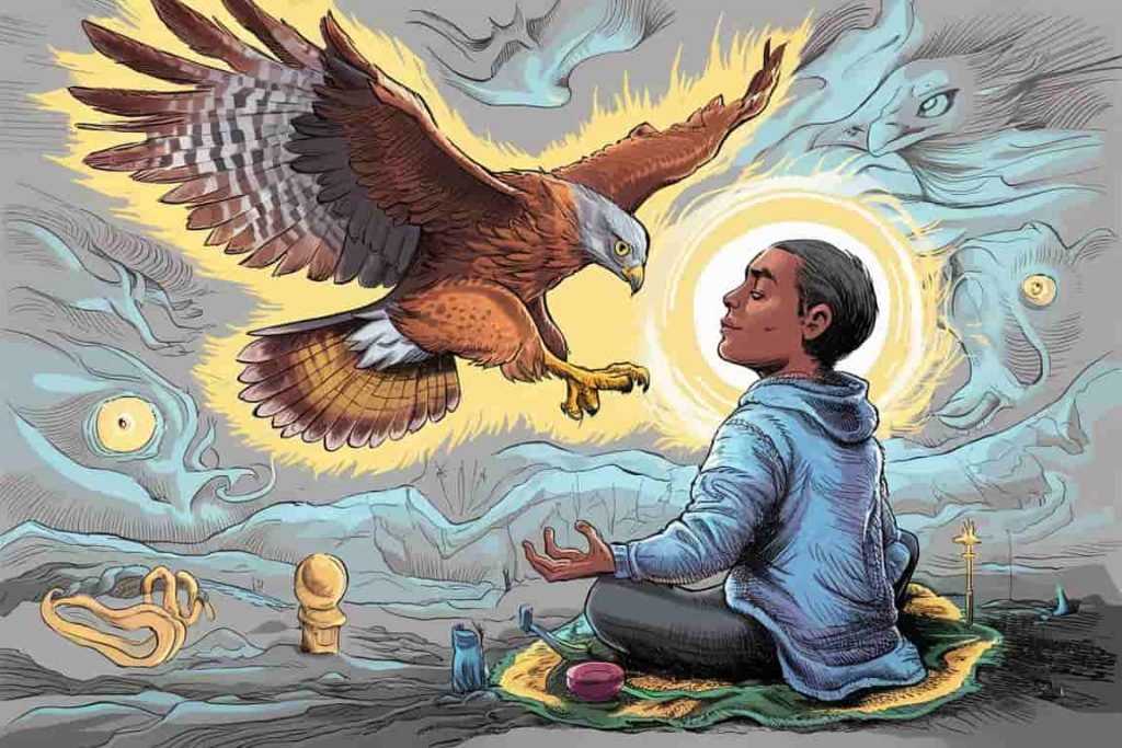 Cartoon of a person connected to their hawk spirit animal, showing its symbolic traits