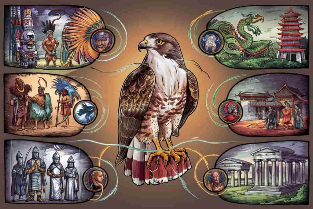 Cartoon illustrating hawk symbolism in various cultural traditions around the world