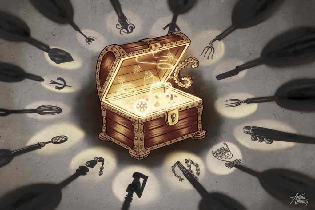 A mystical key unlocking a treasure chest releasing spiritual symbols, surrounded by shadowy outlines of stolen items with symbolic reflections.