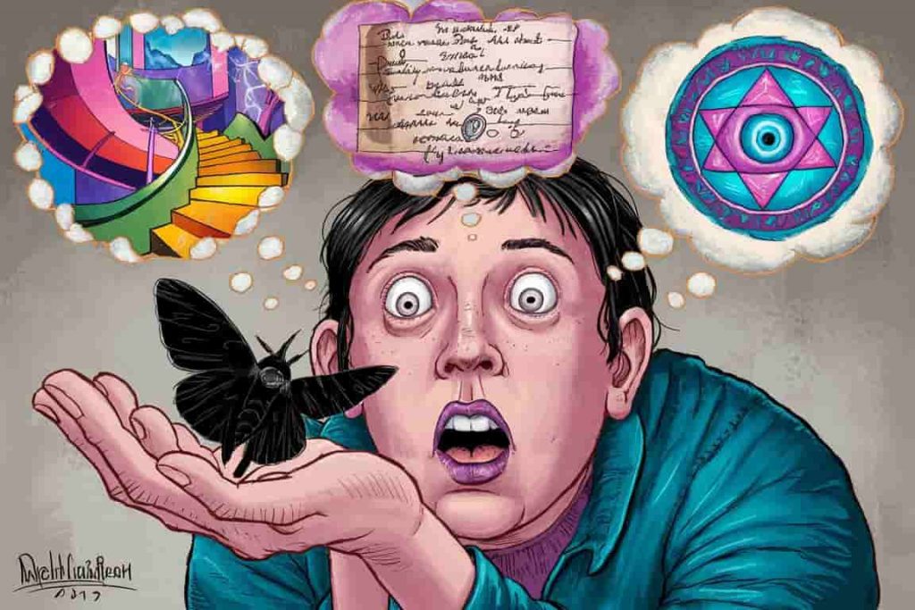 Cartoon of a person encountering a black moth with thought bubbles showing spiritual interpretations