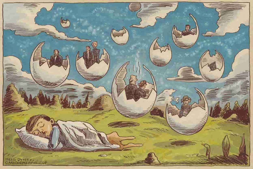 Surreal dreamscape with floating broken eggshells containing miniature dream scenes, above a sleeping figure.