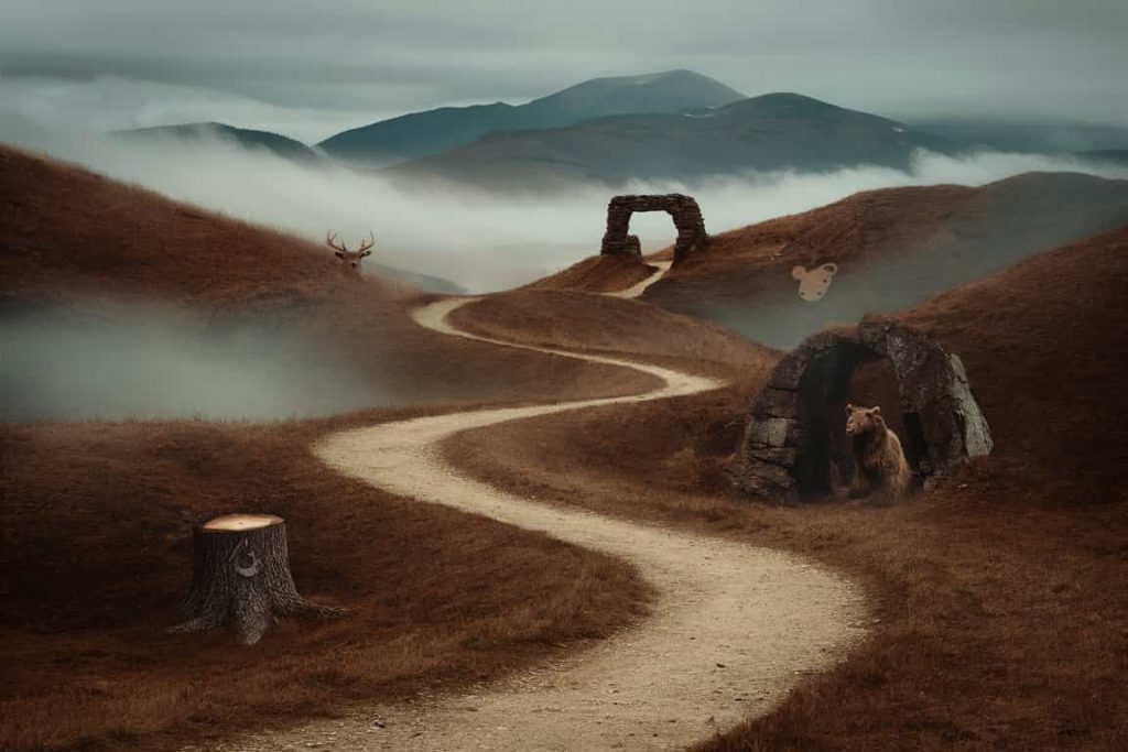 A mystical brown landscape depicting the journey of interpreting brown in spiritual experiences, with hidden symbols representing dreams, visions, and intuitive insights.