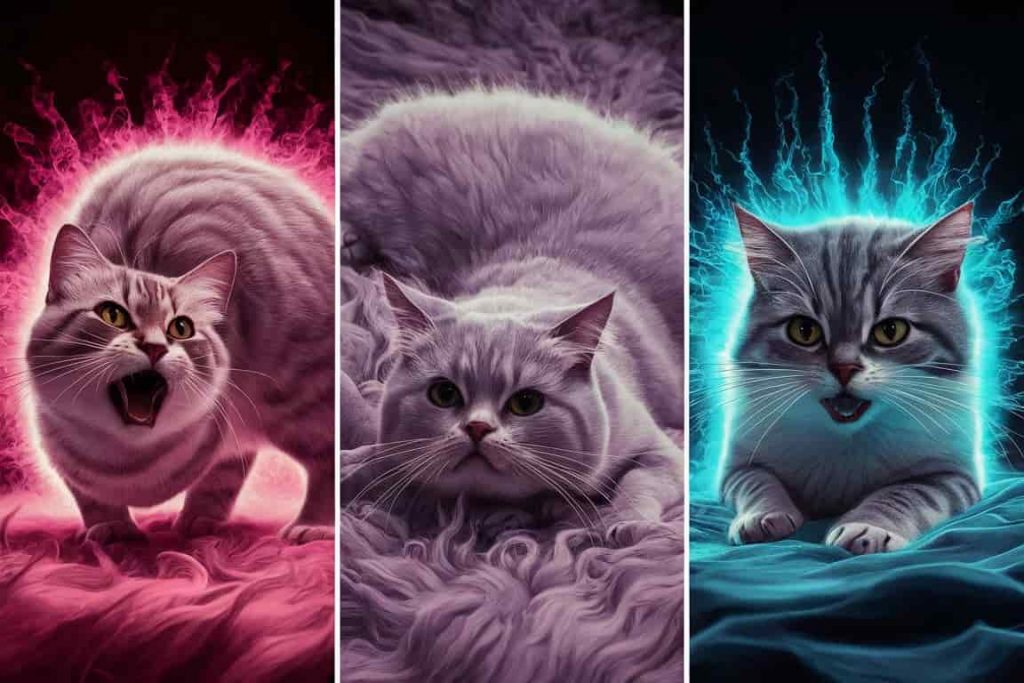 Triptych of cats in different poses, each with a unique colored aura, representing various types of spiritual cat cries.