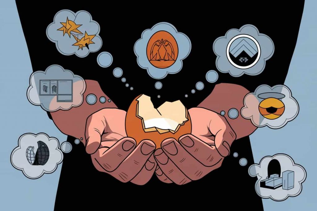 Hands holding glowing broken egg shell with thought bubbles containing spiritual symbols and interpretations