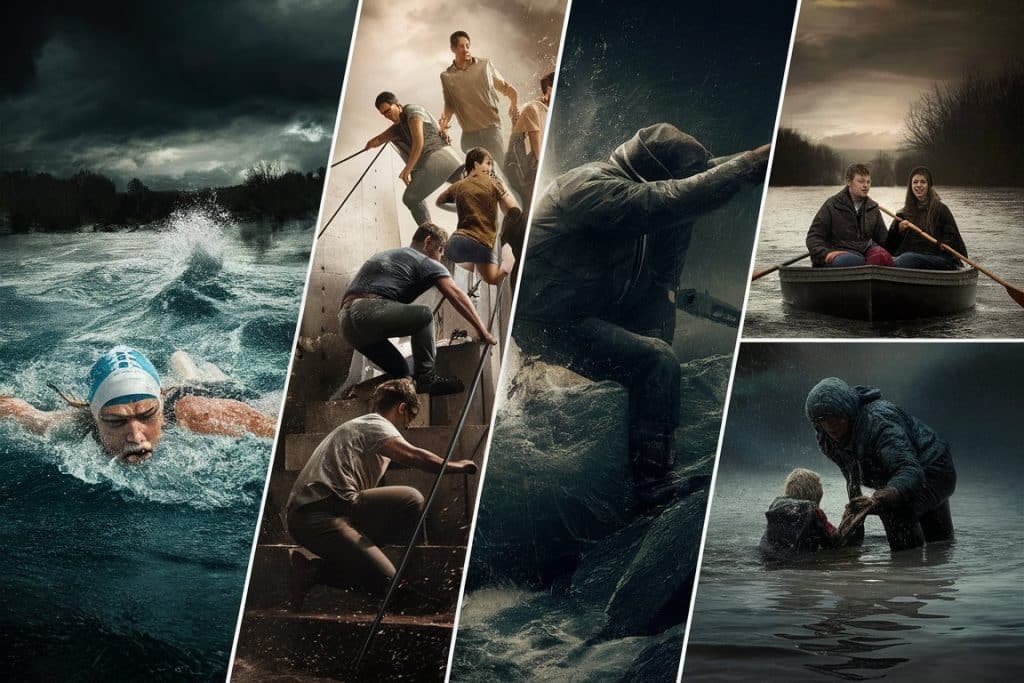Create a split-screen image showing different flood escape scenarios: swimming, climbing to higher ground, using a boat, and helping others.