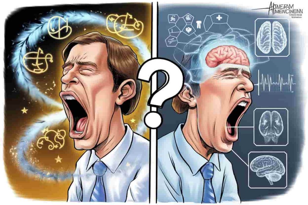 Split-screen of person yawning: one side with spiritual symbols, other with medical symbols