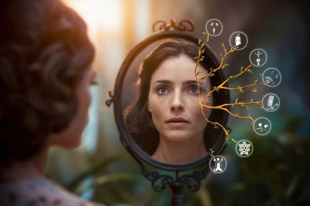 Woman gazing into mystical mirror, reflection showing life aspects and futures stemming from right eye