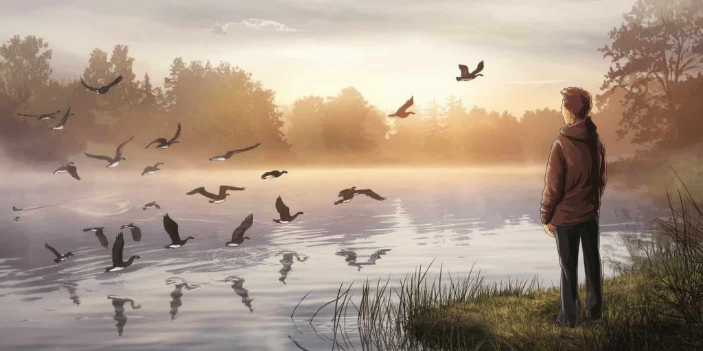 Person observing geese taking flight from a misty lake at sunrise, representing spiritual encounters