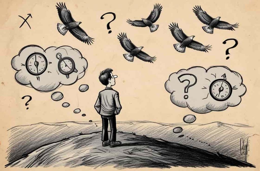 Cartoon showing a person interpreting various hawk flight patterns and behaviors