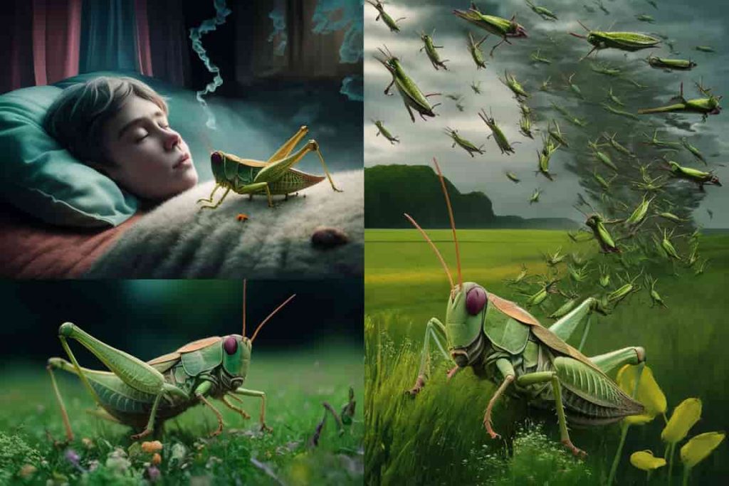 Dreamlike collage depicting various spiritual encounters with locusts in dreams and real life