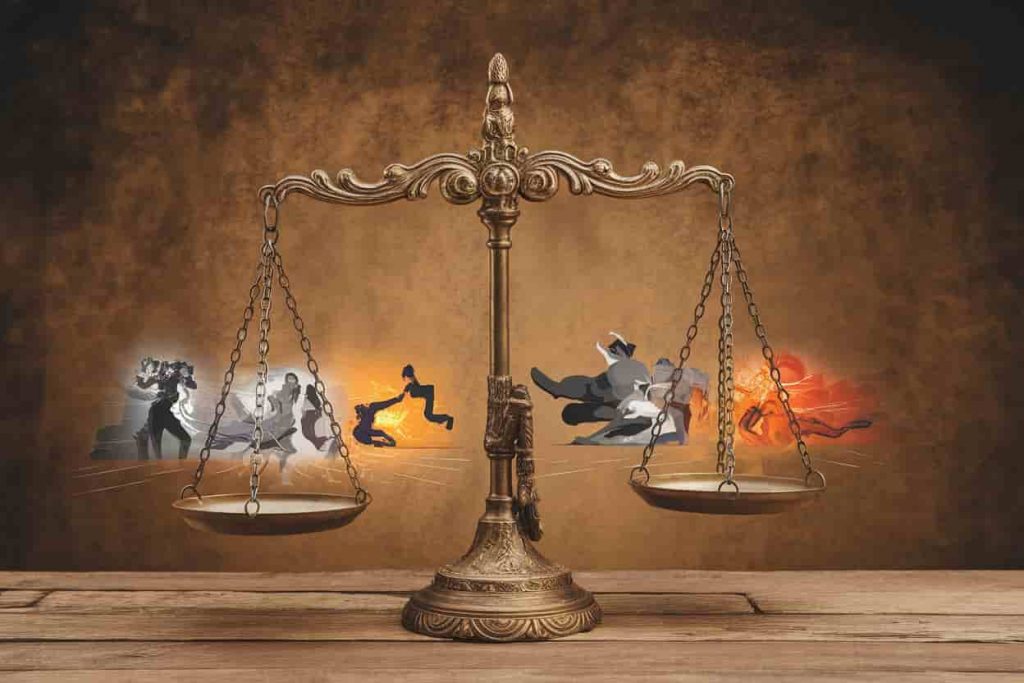 Scales balancing different outcomes of dream fights with symbolic representations of their spiritual meanings.