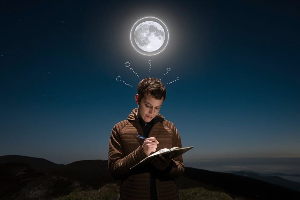 A person journaling on a hilltop under a moon with a halo, with visual representations of thoughts connecting them to the celestial phenomenon.
Title: Personal Interpretation of Lunar Halo Messages