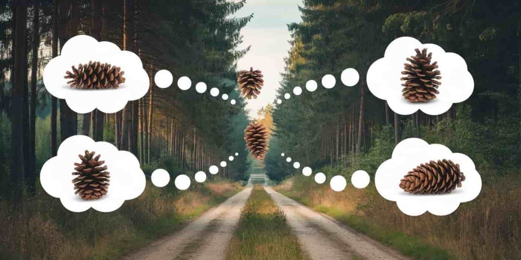Forest scene with pine cones in various positions, accompanied by thought bubbles showing spiritual interpretations.