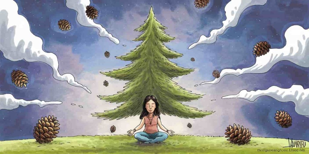 Person meditating under a pine tree with floating pine cones and needles, symbolizing spiritual interpretation of pine tree encounters.